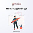 Illustration of mobile app design services featuring wireframe layouts and AA Logics branding.